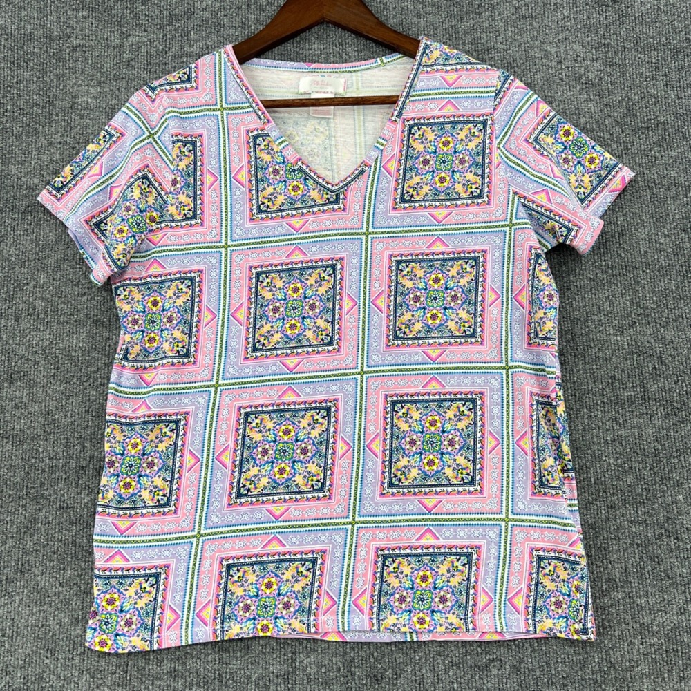 Stella Parker Collection V Neck Tee Women Medium Pink Golf Tennis Geometric Art